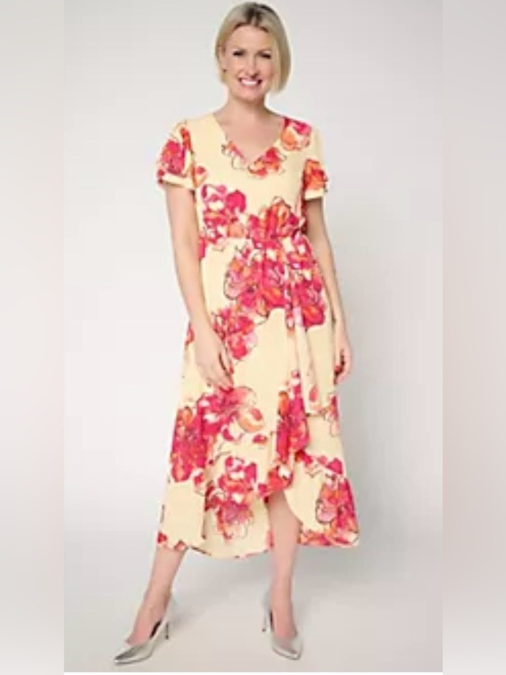Beautiful by Lawrence Zarian Flutter Sleeve Dress pink orange floral SZ MP